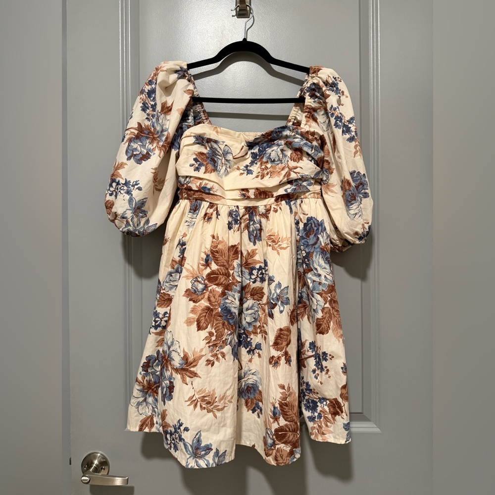Abercrombie & Fitch Emerson Poplin Puff Sleeve Mini Dress - Cream, Blue, Brown
